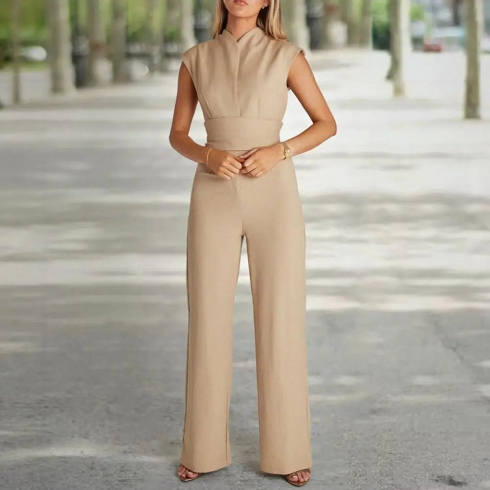 Summer Jumpsuit High Waist Belt Straight Wide Leg Solid Color Office Lady Long Romper Workwear