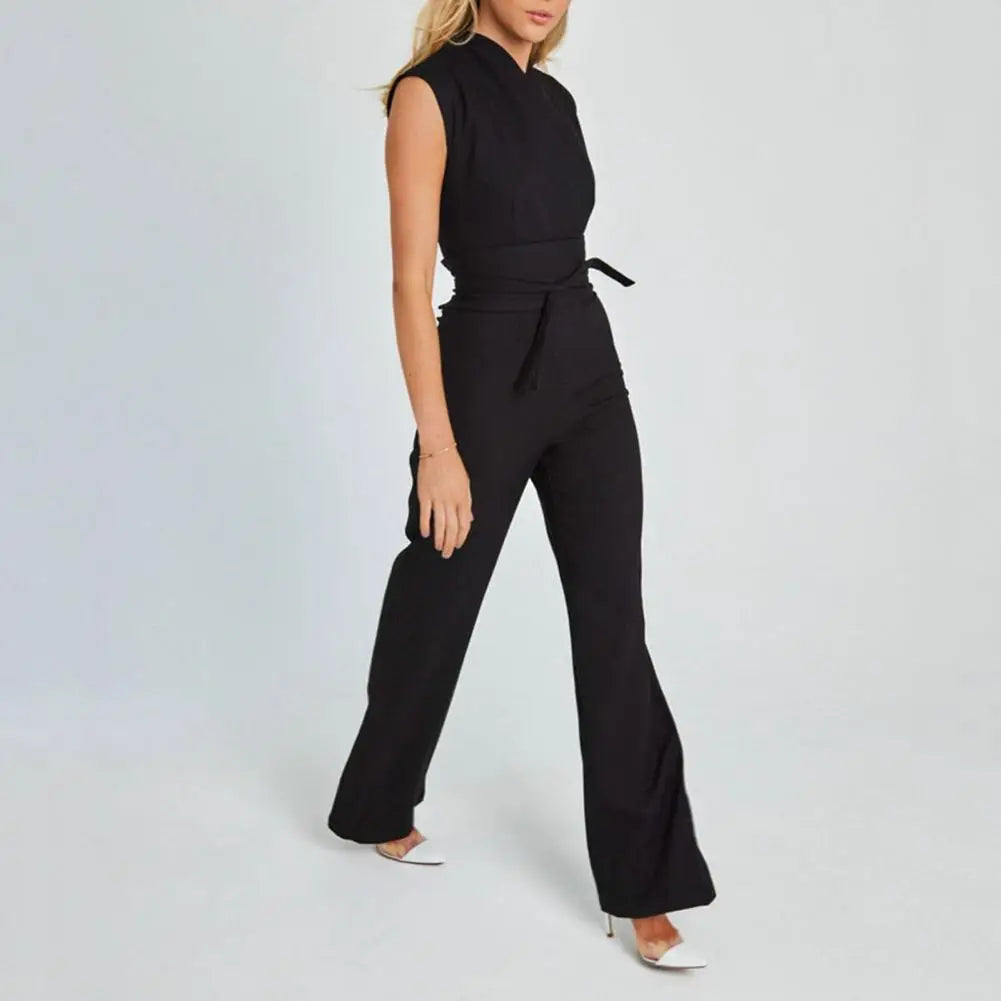 Summer Jumpsuit High Waist Belt Straight Wide Leg Solid Color Office Lady Long Romper Workwear