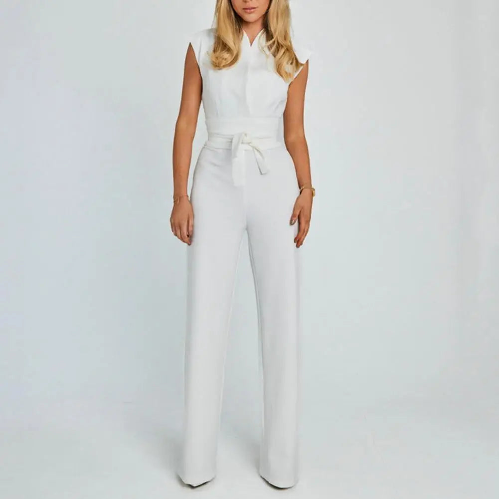 Summer Jumpsuit High Waist Belt Straight Wide Leg Solid Color Office Lady Long Romper Workwear